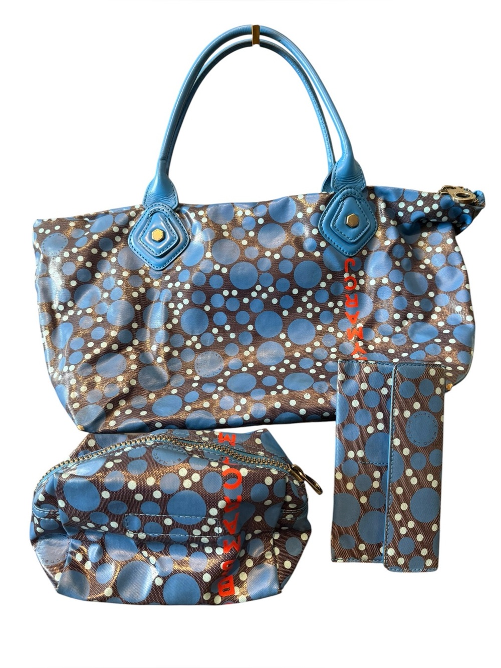 Marc by Marc Jacobs Blue Polka Dot 3-Piece Set -Tote Bag, Wallet,Cosmetic Pouch